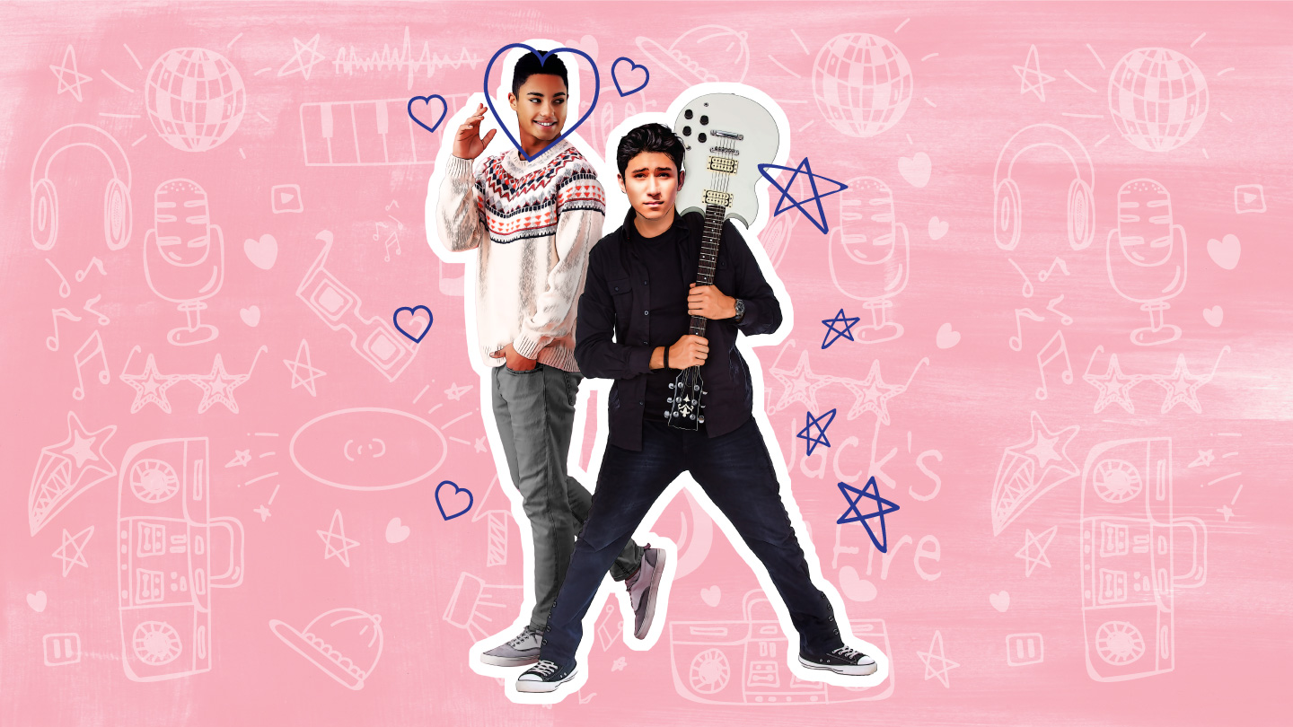 Illustrations of two teenage boys with blue and white hand drawn doodles on a pink background