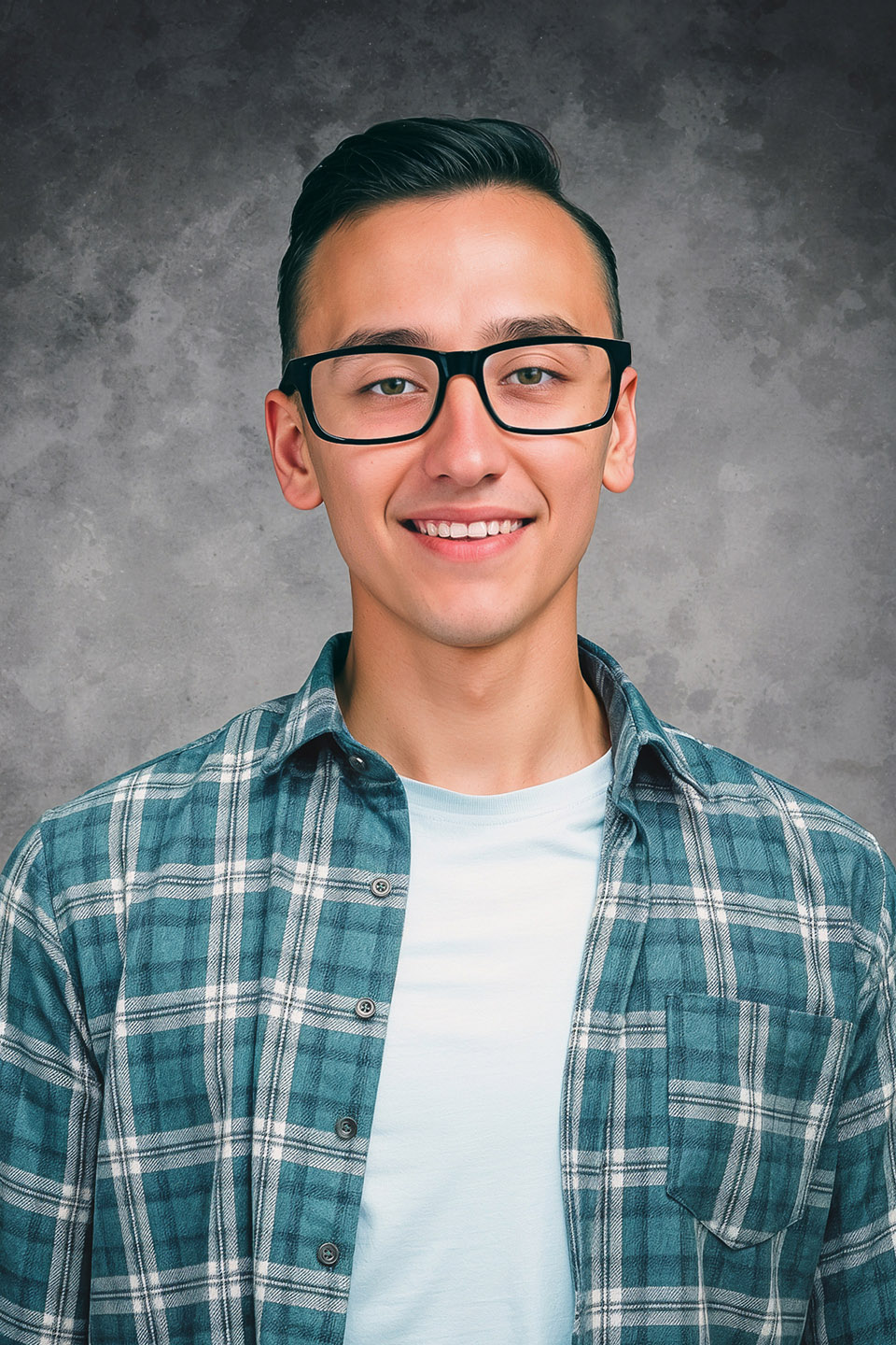 Handsome young person with dark hair and glasses posing in a purple patterned shirt before a blurred background